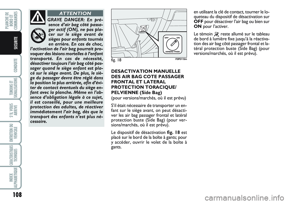FIAT SCUDO 2012  Notice dentretien (in French) 108
CONDUITE
TEMOINS ET
SIGNALISATIONS
S’IL VOUS
ARRIVE
ENTRETIEN DU
VEHICULE
CARACTERISTIQUES
TECHNIQUES
INDEX
ALPHABETIQUE
PLANCHE DE
BORD ET
COMMANDES
SECURITE
DESACTIVATION MANUELLE
DES AIR BAG 