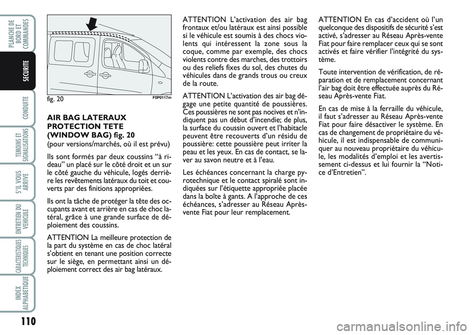 FIAT SCUDO 2012  Notice dentretien (in French) 110
CONDUITE
TEMOINS ET
SIGNALISATIONS
S’IL VOUS
ARRIVE
ENTRETIEN DU
VEHICULE
CARACTERISTIQUES
TECHNIQUES
INDEX
ALPHABETIQUE
PLANCHE DE
BORD ET
COMMANDES
SECURITE
AIR BAG LATERAUX
PROTECTION TETE 
(