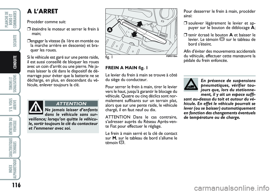 FIAT SCUDO 2012  Notice dentretien (in French) 116
TEMOINS ET
SIGNALISATIONS
S’IL VOUS
ARRIVE
ENTRETIEN DU
VEHICULE
CARACTERISTIQUES
TECHNIQUES
INDEX
ALPHABETIQUE
PLANCHE DE
BORD ET
COMMANDES
SECURITE
CONDUITEFREIN A MAIN fig. 1
Le levier du fre