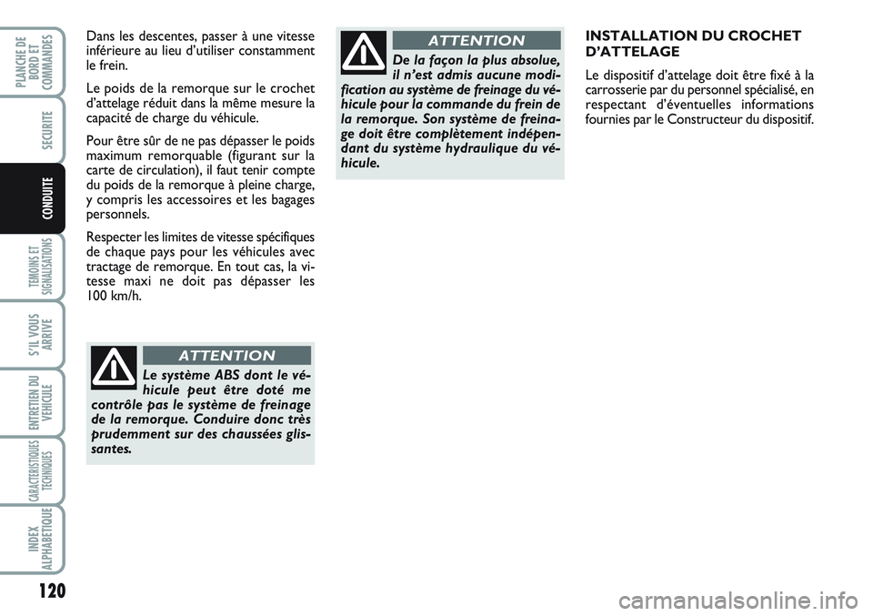 FIAT SCUDO 2012 Notice dentretien (in French) 120
TEMOINS ET
SIGNALISATIONS
S’IL VOUS
ARRIVE
ENTRETIEN DU
VEHICULE
CARACTERISTIQUES
TECHNIQUES
INDEX
ALPHABETIQUE
PLANCHE DE
BORD ET
COMMANDES
SECURITE
CONDUITE
INSTALLATION DU CROCHET
D’ATTELA FIAT SCUDO 2012 Notice dentretien (in French) 120
TEMOINS ET
SIGNALISATIONS
S’IL VOUS
ARRIVE
ENTRETIEN DU
VEHICULE
CARACTERISTIQUES
TECHNIQUES
INDEX
ALPHABETIQUE
PLANCHE DE
BORD ET
COMMANDES
SECURITE
CONDUITE
INSTALLATION DU CROCHET
D’ATTELA
