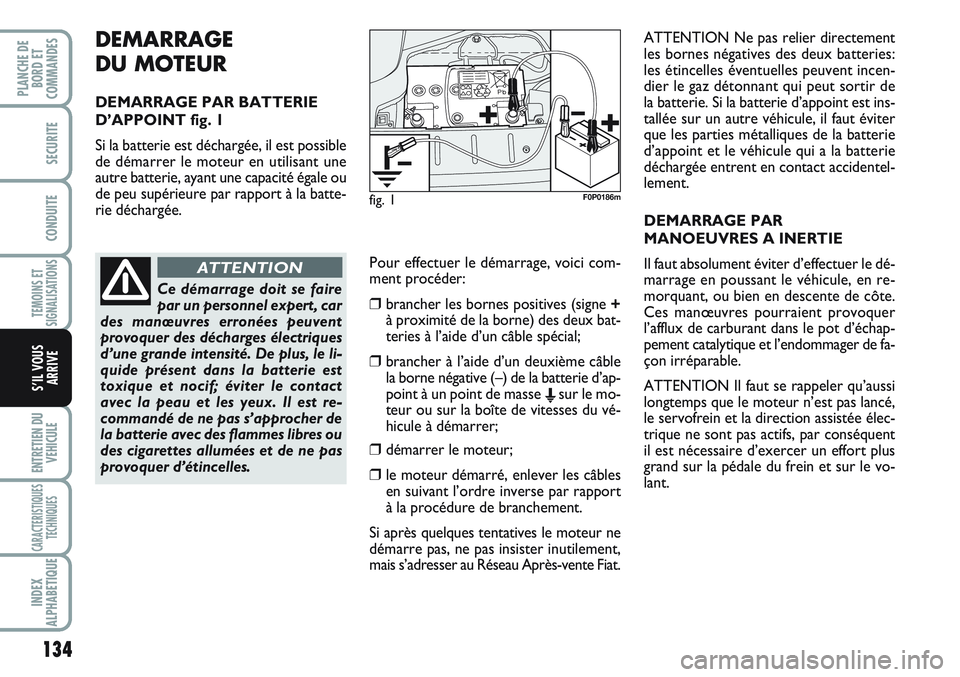 FIAT SCUDO 2012  Notice dentretien (in French) 134
TEMOINS ET
SIGNALISATIONS
ENTRETIEN DU
VEHICULE
CARACTERISTIQUES
TECHNIQUES
INDEX
ALPHABETIQUE
PLANCHE DE
BORD ET
COMMANDES
SECURITE
CONDUITE
S’IL VOUS
ARRIVE
DEMARRAGE
DU MOTEUR
DEMARRAGE PAR B