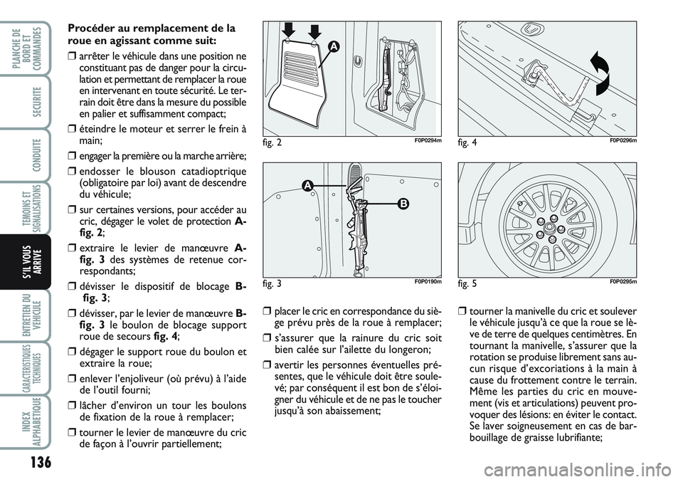 FIAT SCUDO 2012  Notice dentretien (in French) 136
TEMOINS ET
SIGNALISATIONS
ENTRETIEN DU
VEHICULE
CARACTERISTIQUES
TECHNIQUES
INDEX
ALPHABETIQUE
PLANCHE DE
BORD ET
COMMANDES
SECURITE
CONDUITE
S’IL VOUS
ARRIVE
Procéder au remplacement de la
rou