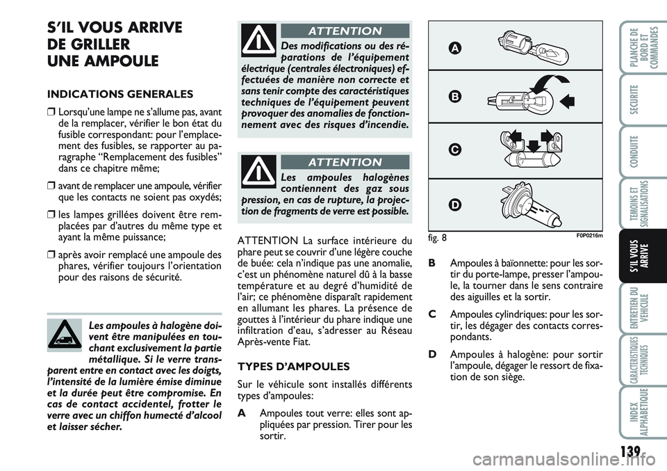 FIAT SCUDO 2012  Notice dentretien (in French) 139
TEMOINS ET
SIGNALISATIONS
ENTRETIEN DU
VEHICULE
CARACTERISTIQUES
TECHNIQUES
INDEX
ALPHABETIQUE
PLANCHE DE
BORD ET
COMMANDES
SECURITE
CONDUITE
S’IL VOUS
ARRIVE
S’IL VOUS ARRIVE 
DE GRILLER 
UNE
