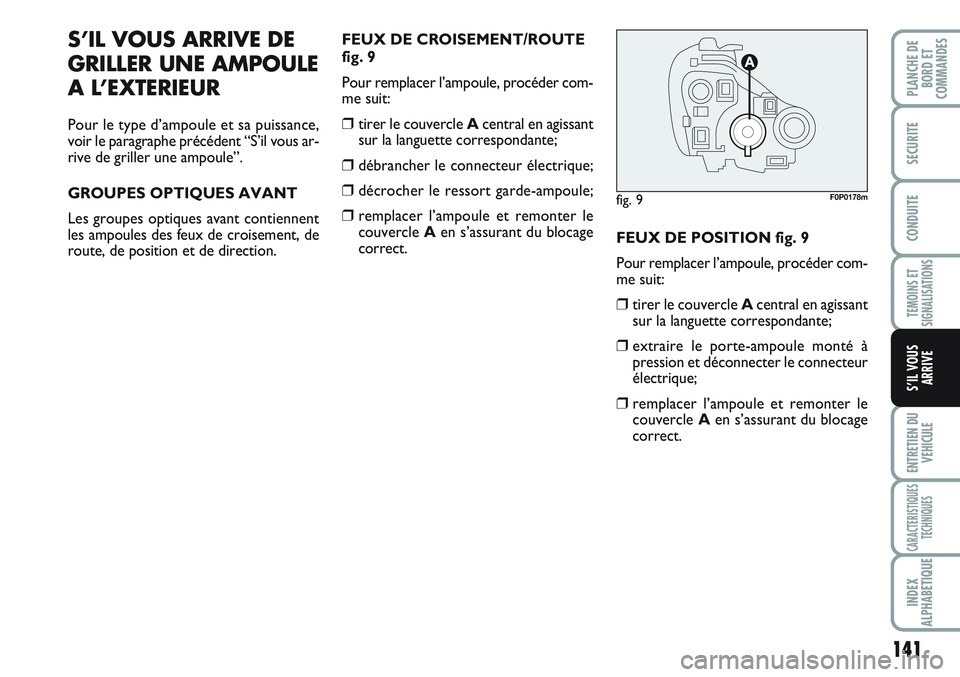 FIAT SCUDO 2012  Notice dentretien (in French) 141
TEMOINS ET
SIGNALISATIONS
ENTRETIEN DU
VEHICULE
CARACTERISTIQUES
TECHNIQUES
INDEX
ALPHABETIQUE
PLANCHE DE
BORD ET
COMMANDES
SECURITE
CONDUITE
S’IL VOUS
ARRIVE
S’IL VOUS ARRIVE DE
GRILLER UNE A