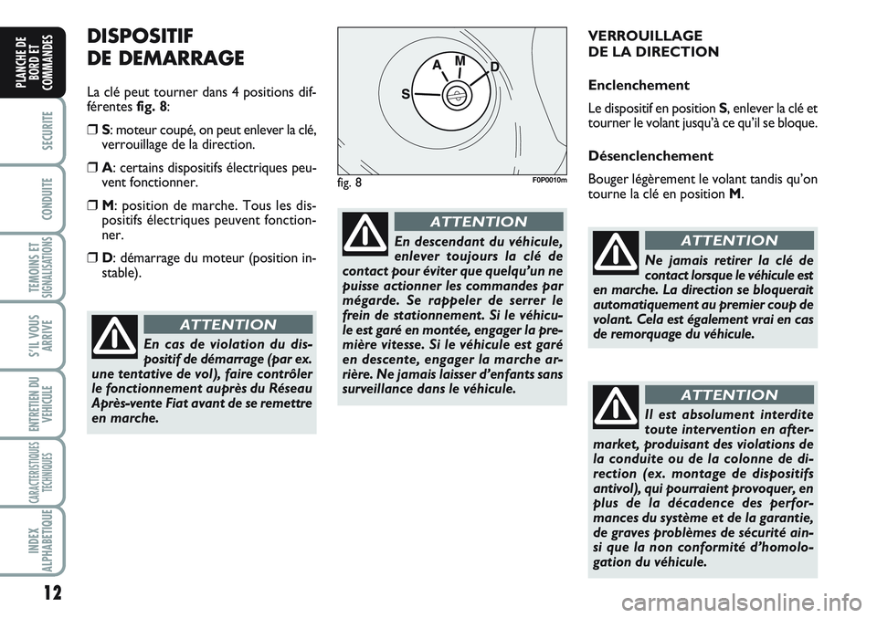 FIAT SCUDO 2012  Notice dentretien (in French) 12
SECURITE
CONDUITE
TEMOINS ETSIGNALISATIONS
S’IL VOUS
ARRIVE
ENTRETIEN DU
VEHICULE
CARACTERISTIQUES
TECHNIQUES
INDEX
ALPHABETIQUE
PLANCHE DE
BORD ET
COMMANDES
DISPOSITIF
DE DEMARRAGE
La clé peut 