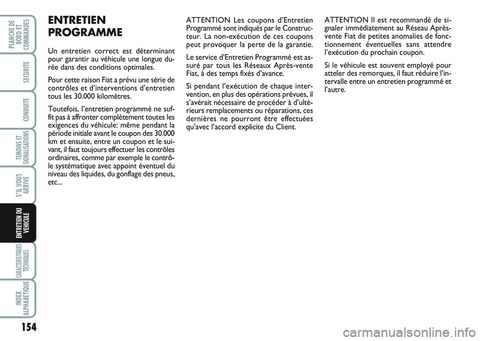FIAT SCUDO 2012  Notice dentretien (in French) 154
TEMOINS ET
SIGNALISATIONS
CARACTERISTIQUES
TECHNIQUES
INDEX
ALPHABETIQUE
PLANCHE DE
BORD ET
COMMANDES
SECURITE
CONDUITE
S’IL VOUS
ARRIVE
ENTRETIEN DU
VEHICULE
ATTENTION Les coupons d’Entretien