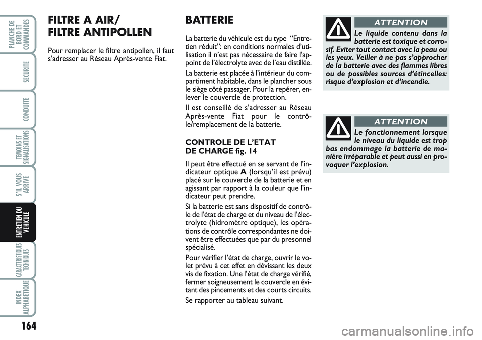 FIAT SCUDO 2012 Notice dentretien (in French) 164
TEMOINS ET
SIGNALISATIONS
CARACTERISTIQUES
TECHNIQUES
INDEX
ALPHABETIQUE
PLANCHE DE
BORD ET
COMMANDES
SECURITE
CONDUITE
S’IL VOUS
ARRIVE
ENTRETIEN DU
VEHICULE
BATTERIE
La batterie du véhicule e FIAT SCUDO 2012 Notice dentretien (in French) 164
TEMOINS ET
SIGNALISATIONS
CARACTERISTIQUES
TECHNIQUES
INDEX
ALPHABETIQUE
PLANCHE DE
BORD ET
COMMANDES
SECURITE
CONDUITE
S’IL VOUS
ARRIVE
ENTRETIEN DU
VEHICULE
BATTERIE
La batterie du véhicule e