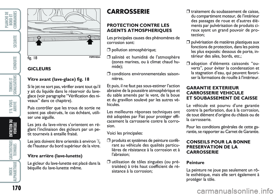 FIAT SCUDO 2012  Notice dentretien (in French) 170
TEMOINS ET
SIGNALISATIONS
CARACTERISTIQUES
TECHNIQUES
INDEX
ALPHABETIQUE
PLANCHE DE
BORD ET
COMMANDES
SECURITE
CONDUITE
S’IL VOUS
ARRIVE
ENTRETIEN DU
VEHICULE
❒traitement du soubassement de ca