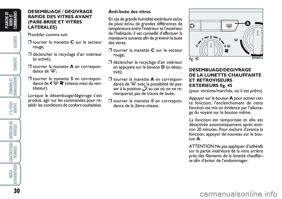 FIAT SCUDO 2012  Notice dentretien (in French) 30
SECURITE
CONDUITE
TEMOINS ETSIGNALISATIONS
S’IL VOUS
ARRIVE
ENTRETIEN DU
VEHICULE
CARACTERISTIQUES
TECHNIQUES
INDEX
ALPHABETIQUE
PLANCHE DE
BORD ET
COMMANDES
DESEMBUAGE / DEGIVRAGE
RAPIDE DES VIT