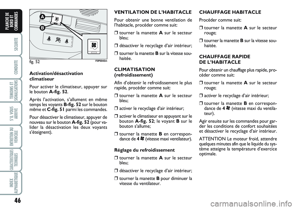 FIAT SCUDO 2012 Notice dentretien (in French) 46
SECURITE
CONDUITE
TEMOINS ETSIGNALISATIONS
S’IL VOUS
ARRIVE
ENTRETIEN DU
VEHICULE
CARACTERISTIQUES
TECHNIQUES
INDEX
ALPHABETIQUE
PLANCHE DE
BORD ET
COMMANDES
CHAUFFAGE HABITACLE
Procéder comme s FIAT SCUDO 2012 Notice dentretien (in French) 46
SECURITE
CONDUITE
TEMOINS ETSIGNALISATIONS
S’IL VOUS
ARRIVE
ENTRETIEN DU
VEHICULE
CARACTERISTIQUES
TECHNIQUES
INDEX
ALPHABETIQUE
PLANCHE DE
BORD ET
COMMANDES
CHAUFFAGE HABITACLE
Procéder comme s