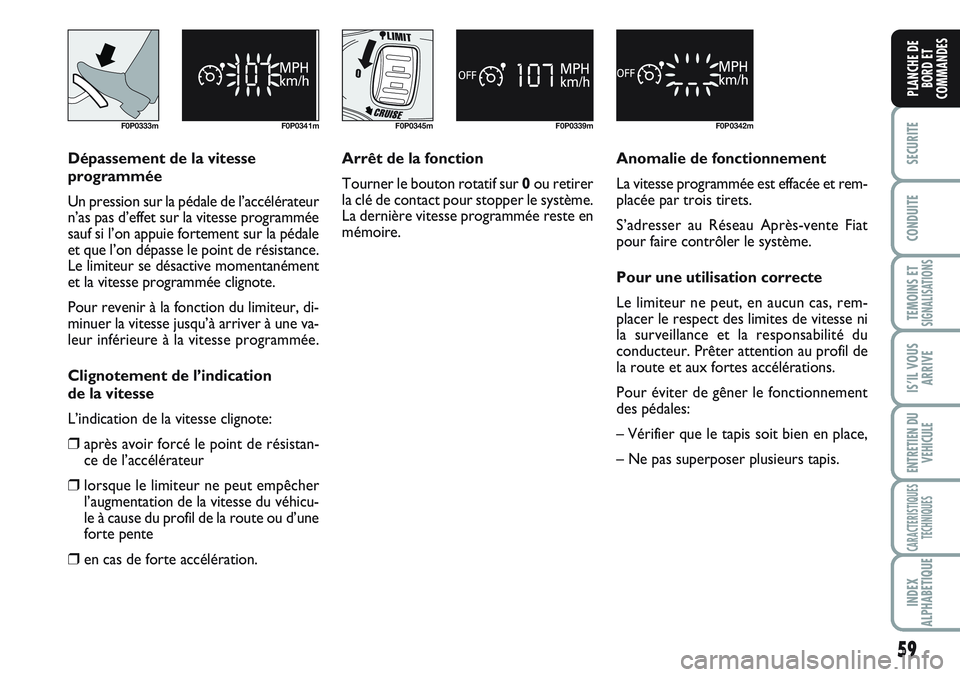 FIAT SCUDO 2012 Notice dentretien (in French) 59
SECURITE
CONDUITE
TEMOINS ETSIGNALISATIONS
IS’IL VOUS
ARRIVE
ENTRETIEN DU
VEHICULE
CARACTERISTIQUES
TECHNIQUES
INDEX
ALPHABETIQUE
PLANCHE DE
BORD ET
COMMANDES
F0P0333m F0P0341m
Dépassement de la FIAT SCUDO 2012 Notice dentretien (in French) 59
SECURITE
CONDUITE
TEMOINS ETSIGNALISATIONS
IS’IL VOUS
ARRIVE
ENTRETIEN DU
VEHICULE
CARACTERISTIQUES
TECHNIQUES
INDEX
ALPHABETIQUE
PLANCHE DE
BORD ET
COMMANDES
F0P0333m F0P0341m
Dépassement de la