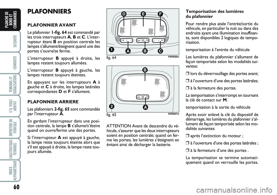 FIAT SCUDO 2012 Notice dentretien (in French) 60
SECURITE
CONDUITE
TEMOINS ETSIGNALISATIONS
S’IL VOUS
ARRIVE
ENTRETIEN DU
VEHICULE
CARACTERISTIQUES
TECHNIQUES
INDEX
ALPHABETIQUE
PLANCHE DE
BORD ET
COMMANDES
PLAFONNIERS
PLAFONNIER AVANT
Le plafo FIAT SCUDO 2012 Notice dentretien (in French) 60
SECURITE
CONDUITE
TEMOINS ETSIGNALISATIONS
S’IL VOUS
ARRIVE
ENTRETIEN DU
VEHICULE
CARACTERISTIQUES
TECHNIQUES
INDEX
ALPHABETIQUE
PLANCHE DE
BORD ET
COMMANDES
PLAFONNIERS
PLAFONNIER AVANT
Le plafo