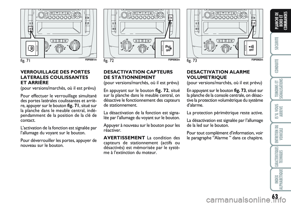 FIAT SCUDO 2012 Notice dentretien (in French) 63
SECURITE
CONDUITE
TEMOINS ETSIGNALISATIONS
IS’IL VOUS
ARRIVE
ENTRETIEN DU
VEHICULE
CARACTERISTIQUES
TECHNIQUES
INDEX
ALPHABETIQUE
PLANCHE DE
BORD ET
COMMANDES
DESACTIVATION ALARME
VOLUMETRIQUE
( FIAT SCUDO 2012 Notice dentretien (in French) 63
SECURITE
CONDUITE
TEMOINS ETSIGNALISATIONS
IS’IL VOUS
ARRIVE
ENTRETIEN DU
VEHICULE
CARACTERISTIQUES
TECHNIQUES
INDEX
ALPHABETIQUE
PLANCHE DE
BORD ET
COMMANDES
DESACTIVATION ALARME
VOLUMETRIQUE
(