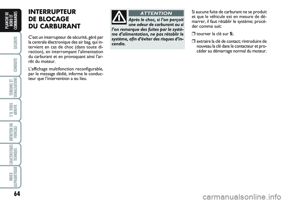 FIAT SCUDO 2012 Notice dentretien (in French) 64
SECURITE
CONDUITE
TEMOINS ETSIGNALISATIONS
S’IL VOUS
ARRIVE
ENTRETIEN DU
VEHICULE
CARACTERISTIQUES
TECHNIQUES
INDEX
ALPHABETIQUE
PLANCHE DE
BORD ET
COMMANDES
Si aucune fuite de carburant ne se pr FIAT SCUDO 2012 Notice dentretien (in French) 64
SECURITE
CONDUITE
TEMOINS ETSIGNALISATIONS
S’IL VOUS
ARRIVE
ENTRETIEN DU
VEHICULE
CARACTERISTIQUES
TECHNIQUES
INDEX
ALPHABETIQUE
PLANCHE DE
BORD ET
COMMANDES
Si aucune fuite de carburant ne se pr