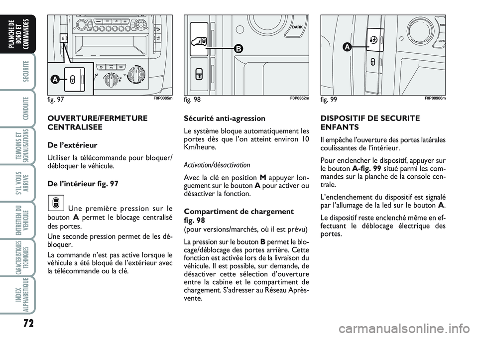 FIAT SCUDO 2012 Notice dentretien (in French) 72
SECURITE
CONDUITE
TEMOINS ETSIGNALISATIONS
S’IL VOUS
ARRIVE
ENTRETIEN DU
VEHICULE
CARACTERISTIQUES
TECHNIQUES
INDEX
ALPHABETIQUE
PLANCHE DE
BORD ET
COMMANDES
fig. 99F0P00906mfig. 97F0P0085mfig. 9 FIAT SCUDO 2012 Notice dentretien (in French) 72
SECURITE
CONDUITE
TEMOINS ETSIGNALISATIONS
S’IL VOUS
ARRIVE
ENTRETIEN DU
VEHICULE
CARACTERISTIQUES
TECHNIQUES
INDEX
ALPHABETIQUE
PLANCHE DE
BORD ET
COMMANDES
fig. 99F0P00906mfig. 97F0P0085mfig. 9