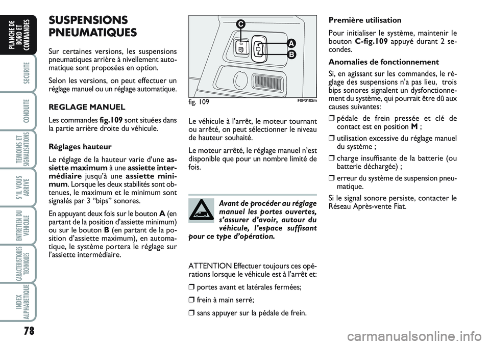 FIAT SCUDO 2012 Notice dentretien (in French) 78
SECURITE
CONDUITE
TEMOINS ETSIGNALISATIONS
S’IL VOUS
ARRIVE
ENTRETIEN DU
VEHICULE
CARACTERISTIQUES
TECHNIQUES
INDEX
ALPHABETIQUE
PLANCHE DE
BORD ET
COMMANDES
SUSPENSIONS
PNEUMATIQUES
Sur certaine FIAT SCUDO 2012 Notice dentretien (in French) 78
SECURITE
CONDUITE
TEMOINS ETSIGNALISATIONS
S’IL VOUS
ARRIVE
ENTRETIEN DU
VEHICULE
CARACTERISTIQUES
TECHNIQUES
INDEX
ALPHABETIQUE
PLANCHE DE
BORD ET
COMMANDES
SUSPENSIONS
PNEUMATIQUES
Sur certaine