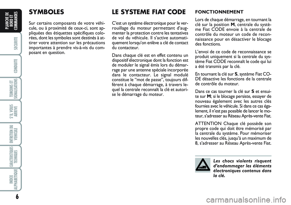 FIAT SCUDO 2012  Notice dentretien (in French) 6
SECURITE
CONDUITE
TEMOINS ETSIGNALISATIONS
S’IL VOUS
ARRIVE
ENTRETIEN DU
VEHICULE
CARACTERISTIQUES
TECHNIQUES
INDEX
ALPHABETIQUE
PLANCHE DE
BORD ET
COMMANDES
SYMBOLES
Sur certains composants de vo