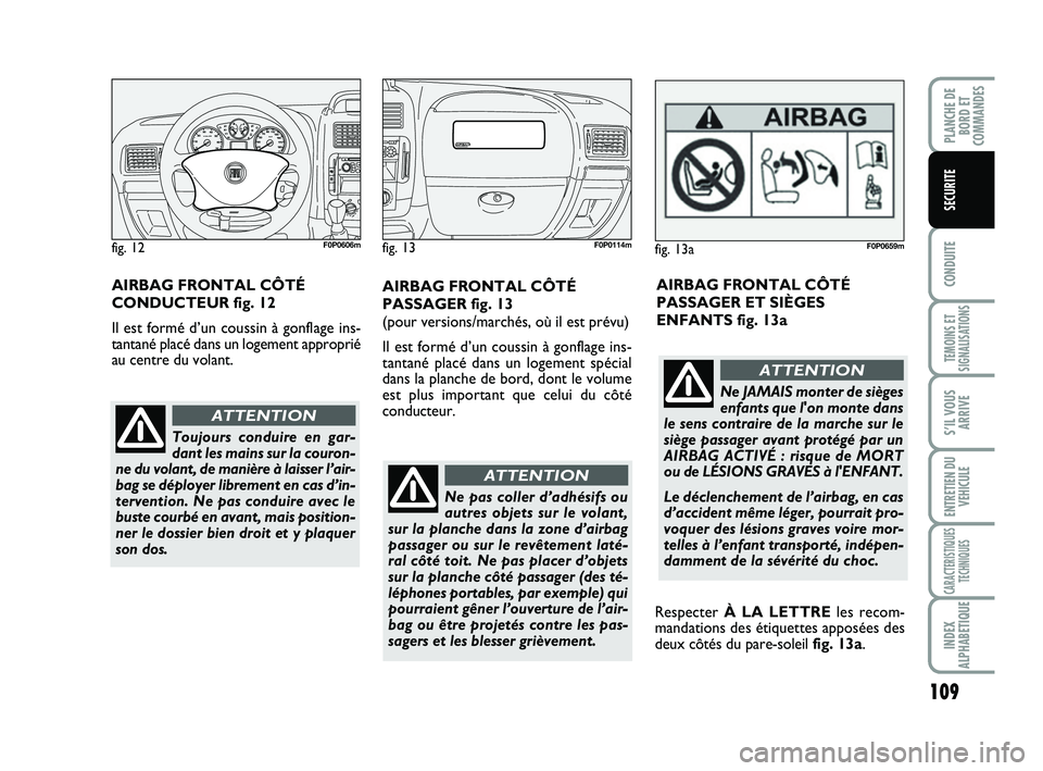 FIAT SCUDO 2013  Notice dentretien (in French) 109
CONDUITE
TEMOINS ET
SIGNALISATIONS
S’IL VOUS
ARRIVE
ENTRETIEN DU
VEHICULE
CARACTERISTIQUES
TECHNIQUES
INDEX
ALPHABETIQUE
PLANCHE DE
BORD ET
COMMANDES
SECURITE
Ne pas coller d’adhésifs ou
autr