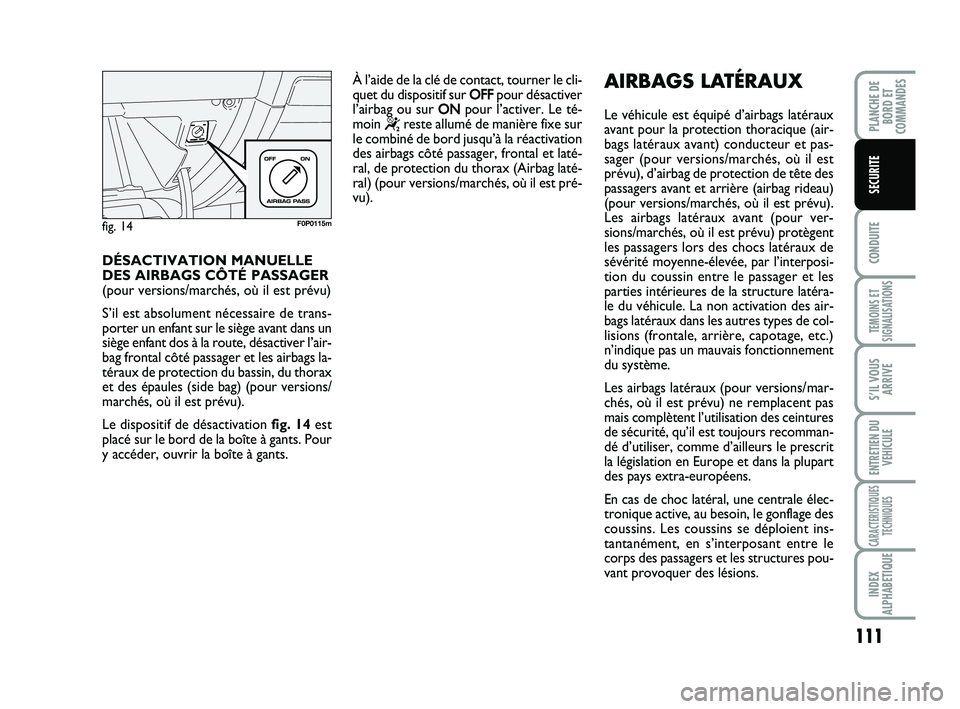 FIAT SCUDO 2013  Notice dentretien (in French) 111
CONDUITE
TEMOINS ET
SIGNALISATIONS
S’IL VOUS
ARRIVE
ENTRETIEN DU
VEHICULE
CARACTERISTIQUES
TECHNIQUES
INDEX
ALPHABETIQUE
PLANCHE DE
BORD ET
COMMANDES
SECURITE
DÉSACTIVATION MANUELLE
DES AIRBAGS