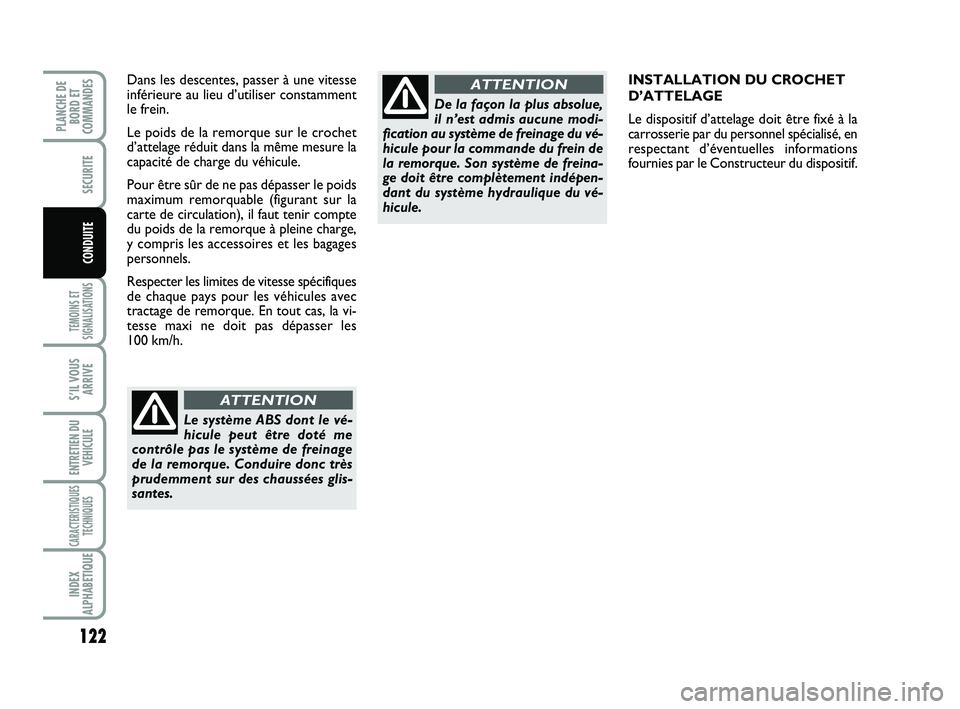 FIAT SCUDO 2013  Notice dentretien (in French) 122
TEMOINS ET
SIGNALISATIONS
S’IL VOUS
ARRIVE
ENTRETIEN DU
VEHICULE
CARACTERISTIQUES
TECHNIQUES
INDEX
ALPHABETIQUE
PLANCHE DE
BORD ET
COMMANDES
SECURITE
CONDUITE
INSTALLATION DU CROCHET 
D’ATTELA