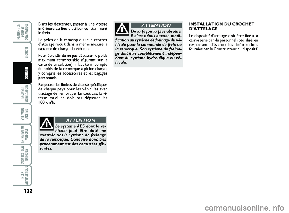FIAT SCUDO 2013 Notice dentretien (in French) 122
TEMOINS ET
SIGNALISATIONS
S’IL VOUS
ARRIVE
ENTRETIEN DU
VEHICULE
CARACTERISTIQUES
TECHNIQUES
INDEX
ALPHABETIQUE
PLANCHE DE
BORD ET
COMMANDES
SECURITE
CONDUITE
INSTALLATION DU CROCHET
D’ATTELA FIAT SCUDO 2013 Notice dentretien (in French) 122
TEMOINS ET
SIGNALISATIONS
S’IL VOUS
ARRIVE
ENTRETIEN DU
VEHICULE
CARACTERISTIQUES
TECHNIQUES
INDEX
ALPHABETIQUE
PLANCHE DE
BORD ET
COMMANDES
SECURITE
CONDUITE
INSTALLATION DU CROCHET
D’ATTELA