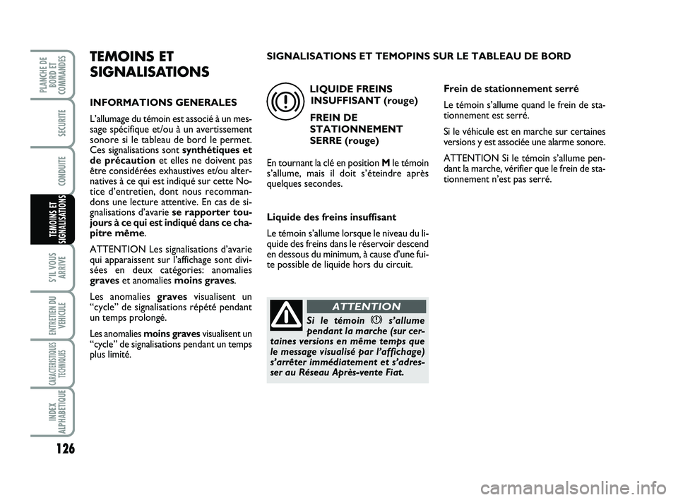 FIAT SCUDO 2013 Notice dentretien (in French) 126
S’IL VOUS
ARRIVE
ENTRETIEN DU
VEHICULE
CARACTERISTIQUES
TECHNIQUES
INDEX
ALPHABETIQUE
PLANCHE DE
BORD ET
COMMANDES
SECURITE
CONDUITE
TEMOINS ET
SIGNALISATIONS
TEMOINS ET
SIGNALISATIONS
INFORMATI FIAT SCUDO 2013 Notice dentretien (in French) 126
S’IL VOUS
ARRIVE
ENTRETIEN DU
VEHICULE
CARACTERISTIQUES
TECHNIQUES
INDEX
ALPHABETIQUE
PLANCHE DE
BORD ET
COMMANDES
SECURITE
CONDUITE
TEMOINS ET
SIGNALISATIONS
TEMOINS ET
SIGNALISATIONS
INFORMATI
