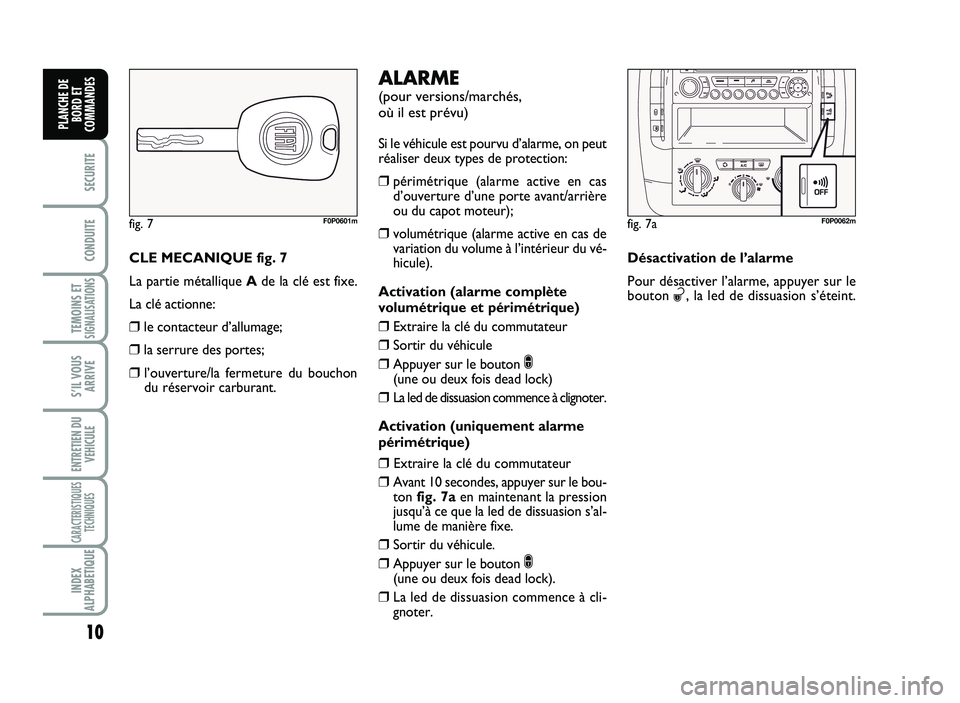 FIAT SCUDO 2013  Notice dentretien (in French) 10
SECURITE
CO\fDUITE
TEMOI\fS ETSIG\fALISATIO\fS
SÕIL VOUS
ARRIVE
E\fTRETIE\f DU
VE\bICULE
CARACTERISTIQUES
TEC\b\fIQUES
I\fDEX
ALP\bABETIQUE
PLA\fC\bE DE
BORD ET
COMMA\fDES
C LE  M EC A N IQ UE f i