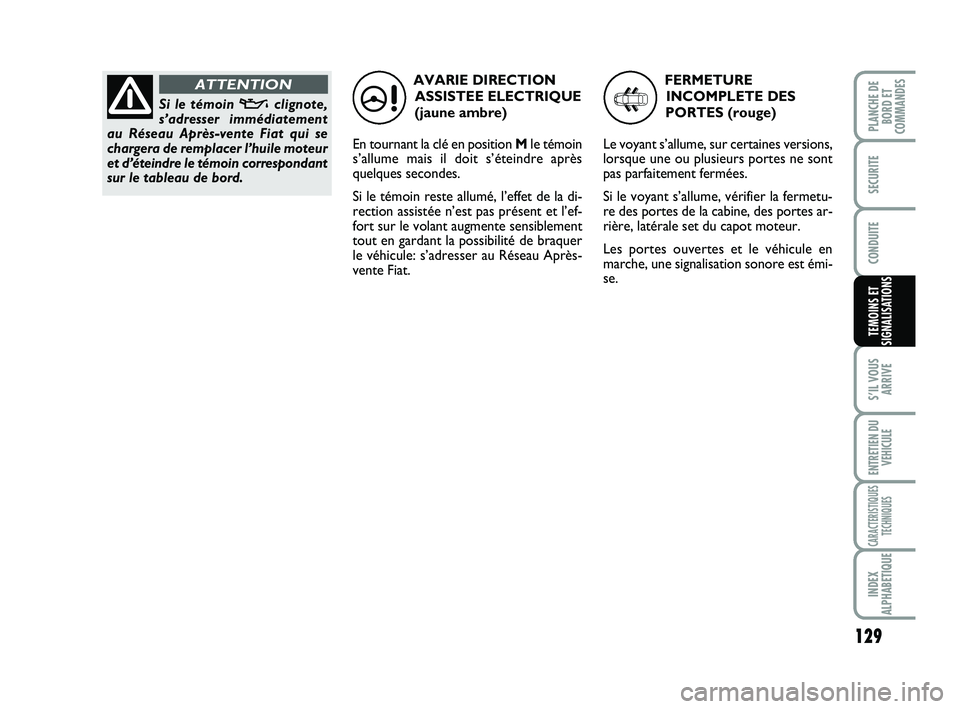 FIAT SCUDO 2013  Notice dentretien (in French) 129
S’IL VOUS
ARRIVE
ENTRETIEN DU
VEHICULE
CARACTERISTIQUES
TECHNIQUES
INDEX
ALPHABETIQUE
PLANCHE DE
BORD ET
COMMANDES
SECURITE
CONDUITE
TEMOINS ET
SIGNALISATIONS
AVARIE DIRECTION
ASSISTEE ELECTRIQU