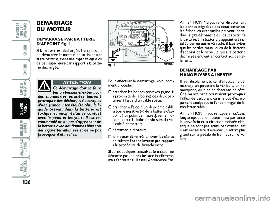 FIAT SCUDO 2013  Notice dentretien (in French) 136
TEMOINS ET
SIGNALISATIONS
ENTRETIEN DU
VEHICULE
CARACTERISTIQUES
TECHNIQUES
INDEX
ALPHABETIQUE
PLANCHE DE
BORD ET
COMMANDES
SECURITE
CONDUITE
S’IL VOUS
ARRIVE
DEMARRAGE 
DU MOTEUR
DEMARRAGE PAR 