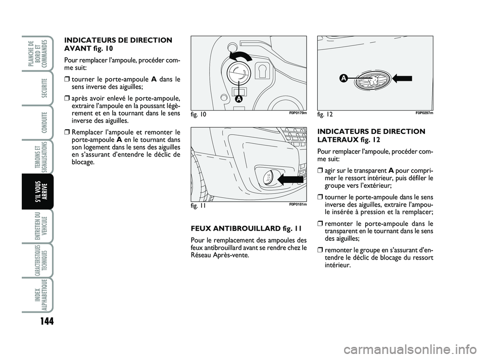 FIAT SCUDO 2013 Notice dentretien (in French) 144
TEMOINS ET
SIGNALISATIONS
ENTRETIEN DU
VEHICULE
CARACTERISTIQUES
TECHNIQUES
INDEX
ALPHABETIQUE
PLANCHE DE
BORD ET
COMMANDES
SECURITE
CONDUITE
S’IL VOUS
ARRIVE
INDICATEURS DE DIRECTION
AVANT fig. FIAT SCUDO 2013 Notice dentretien (in French) 144
TEMOINS ET
SIGNALISATIONS
ENTRETIEN DU
VEHICULE
CARACTERISTIQUES
TECHNIQUES
INDEX
ALPHABETIQUE
PLANCHE DE
BORD ET
COMMANDES
SECURITE
CONDUITE
S’IL VOUS
ARRIVE
INDICATEURS DE DIRECTION
AVANT fig.