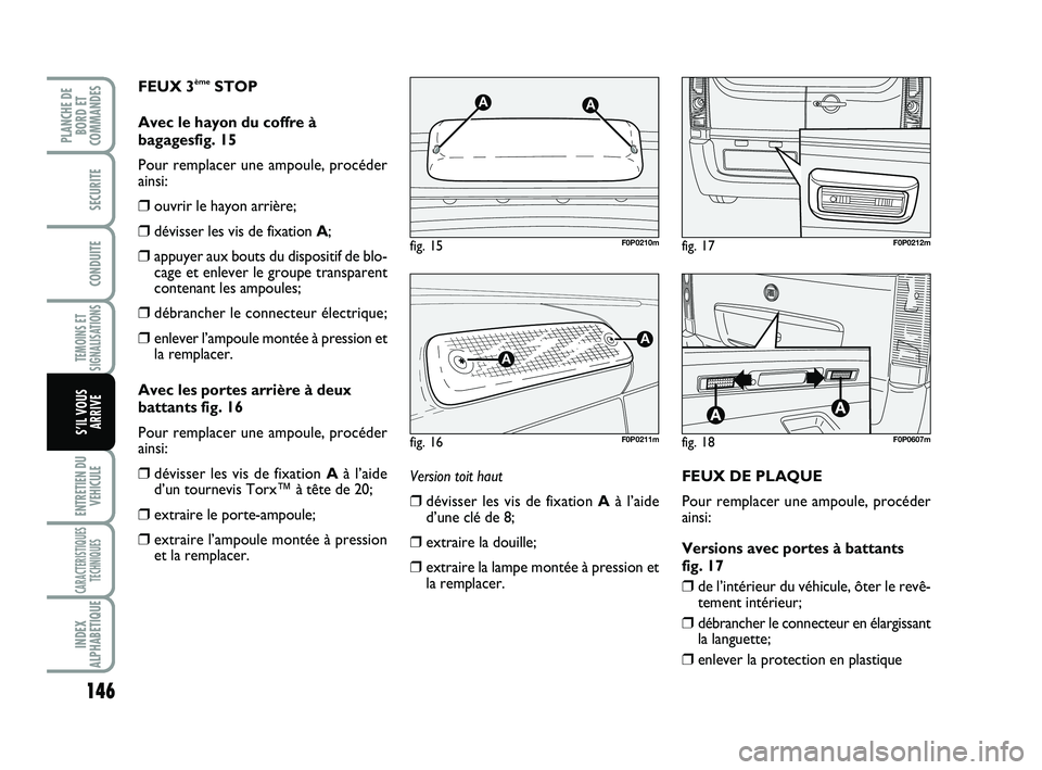 FIAT SCUDO 2013 Notice dentretien (in French) 146
TEMOINS ET
SIGNALISATIONS
ENTRETIEN DU
VEHICULE
CARACTERISTIQUES
TECHNIQUES
INDEX
ALPHABETIQUE
PLANCHE DE
BORD ET
COMMANDES
SECURITE
CONDUITE
S’IL VOUS
ARRIVE
Version toit haut
❒dévisser les FIAT SCUDO 2013 Notice dentretien (in French) 146
TEMOINS ET
SIGNALISATIONS
ENTRETIEN DU
VEHICULE
CARACTERISTIQUES
TECHNIQUES
INDEX
ALPHABETIQUE
PLANCHE DE
BORD ET
COMMANDES
SECURITE
CONDUITE
S’IL VOUS
ARRIVE
Version toit haut
❒dévisser les