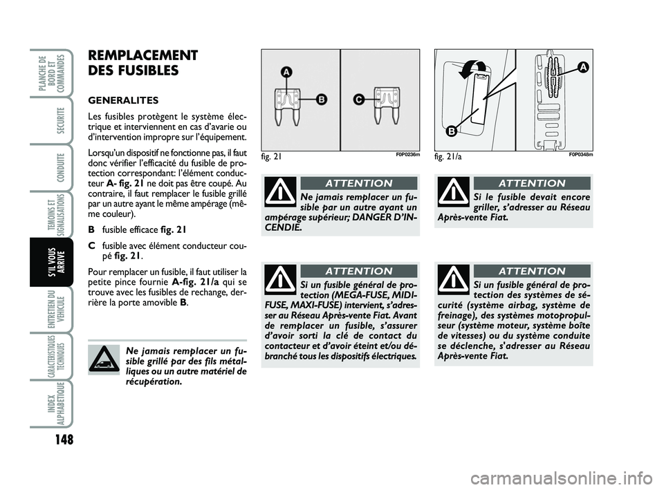 FIAT SCUDO 2013 Notice dentretien (in French) 148
TEMOINS ET
SIGNALISATIONS
ENTRETIEN DU
VEHICULE
CARACTERISTIQUES
TECHNIQUES
INDEX
ALPHABETIQUE
PLANCHE DE
BORD ET
COMMANDES
SECURITE
CONDUITE
S’IL VOUS
ARRIVE
REMPLACEMENT
DES FUSIBLES
GENERALI FIAT SCUDO 2013 Notice dentretien (in French) 148
TEMOINS ET
SIGNALISATIONS
ENTRETIEN DU
VEHICULE
CARACTERISTIQUES
TECHNIQUES
INDEX
ALPHABETIQUE
PLANCHE DE
BORD ET
COMMANDES
SECURITE
CONDUITE
S’IL VOUS
ARRIVE
REMPLACEMENT
DES FUSIBLES
GENERALI