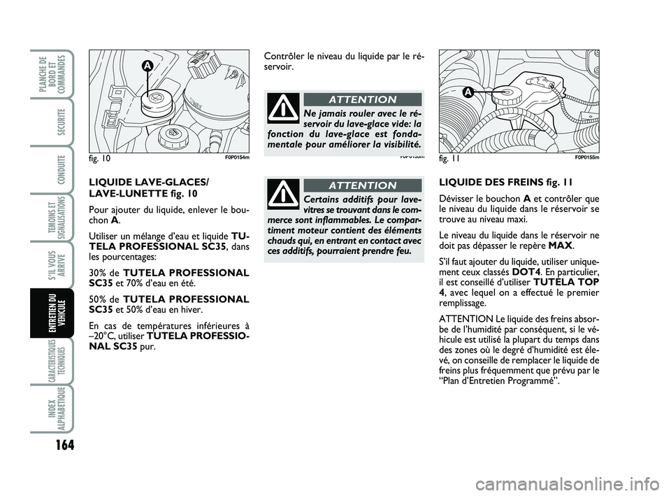 FIAT SCUDO 2013 Notice dentretien (in French) 164
TEMOINS ET
SIGNALISATIONS
CARACTERISTIQUES
TECHNIQUES
INDEX
ALPHABETIQUE
PLANCHE DE
BORD ET
COMMANDES
SECURITE
CONDUITE
S’IL VOUS
ARRIVE
ENTRETIEN DU
VEHICULE
LIQUIDE DES FREINS fig. 11
Dévisse FIAT SCUDO 2013 Notice dentretien (in French) 164
TEMOINS ET
SIGNALISATIONS
CARACTERISTIQUES
TECHNIQUES
INDEX
ALPHABETIQUE
PLANCHE DE
BORD ET
COMMANDES
SECURITE
CONDUITE
S’IL VOUS
ARRIVE
ENTRETIEN DU
VEHICULE
LIQUIDE DES FREINS fig. 11
Dévisse