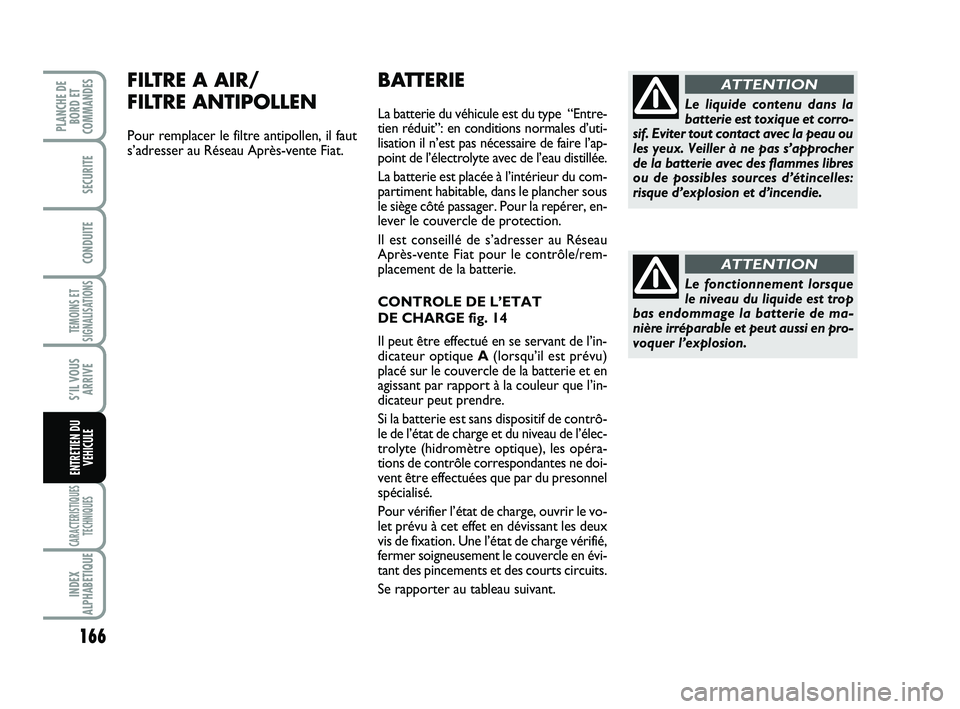 FIAT SCUDO 2013 Notice dentretien (in French) 166
TEMOINS ET
SIGNALISATIONS
CARACTERISTIQUES
TECHNIQUES
INDEX
ALPHABETIQUE
PLANCHE DE
BORD ET
COMMANDES
SECURITE
CONDUITE
S’IL VOUS
ARRIVE
ENTRETIEN DU
VEHICULE
BATTERIE
La batterie du véhicule e FIAT SCUDO 2013 Notice dentretien (in French) 166
TEMOINS ET
SIGNALISATIONS
CARACTERISTIQUES
TECHNIQUES
INDEX
ALPHABETIQUE
PLANCHE DE
BORD ET
COMMANDES
SECURITE
CONDUITE
S’IL VOUS
ARRIVE
ENTRETIEN DU
VEHICULE
BATTERIE
La batterie du véhicule e