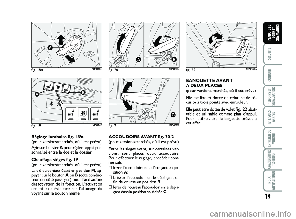 FIAT SCUDO 2013  Notice dentretien (in French) 19
SECURITE
CONDUITE
TEMOINS ETSIGNALISATIONS
IS’IL VOUS
ARRIVE
ENTRETIEN DU
VEHICULE
CARACTERISTIQUES
TECHNIQUES
INDEX
ALPHABETIQUE
PLANCHE DE
BORD ET
COMMANDES
Réglage lombaire fig. 18/a
(pour ve