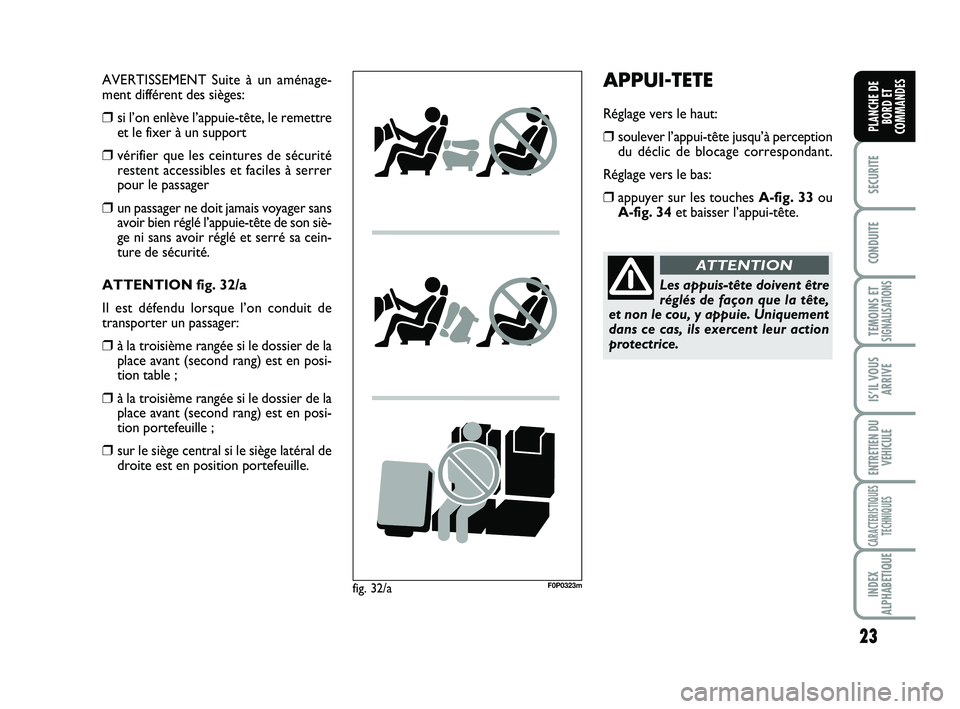FIAT SCUDO 2013  Notice dentretien (in French) 23
SECURITE
CONDUITE
TEMOINS ETSIGNALISATIONS
IS’IL VOUS
ARRIVE
ENTRETIEN DU
VEHICULE
CARACTERISTIQUES
TECHNIQUES
INDEX
ALPHABETIQUE
PLANCHE DE
BORD ET
COMMANDES
AVERTISSEMENT Suite à un aménage-

