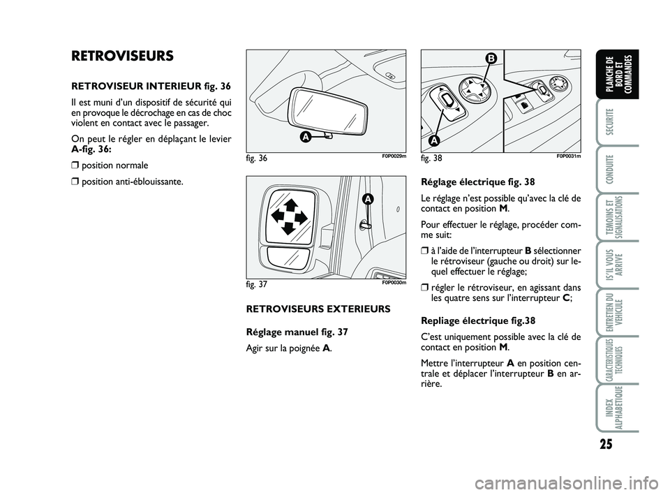 FIAT SCUDO 2013  Notice dentretien (in French) 25
SECURITE
CONDUITE
TEMOINS ETSIGNALISATIONS
IS’IL VOUS
ARRIVE
ENTRETIEN DU
VEHICULE
CARACTERISTIQUES
TECHNIQUES
INDEX
ALPHABETIQUE
PLANCHE DE
BORD ET
COMMANDES
RETROVISEURS
RETROVISEUR INTERIEUR f