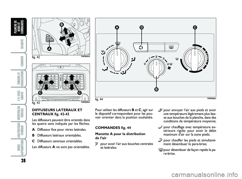 FIAT SCUDO 2013  Notice dentretien (in French) 28
SECURITE
CONDUITE
TEMOINS ETSIGNALISATIONS
S’IL VOUS
ARRIVE
ENTRETIEN DU
VEHICULE
CARACTERISTIQUES
TECHNIQUES
INDEX
ALPHABETIQUE
PLANCHE DE
BORD ET
COMMANDES
Pour utiliser les diffuseurs Bet C, a