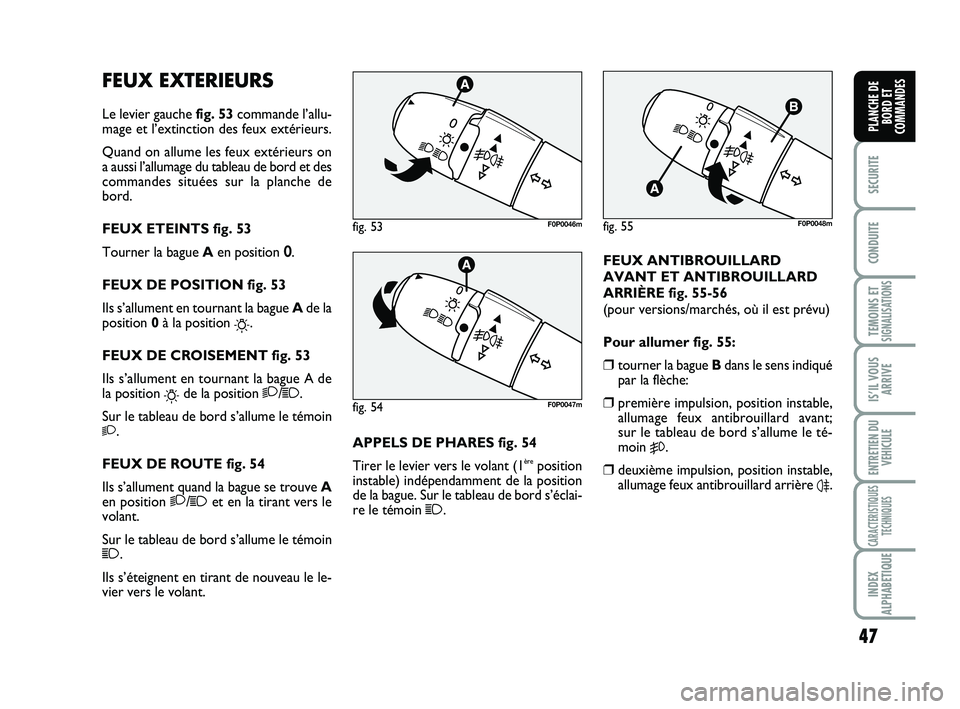 FIAT SCUDO 2013 Notice dentretien (in French) 47
SECURITE
CONDUITE
TEMOINS ETSIGNALISATIONS
IS’IL VOUS
ARRIVE
ENTRETIEN DU
VEHICULE
CARACTERISTIQUES
TECHNIQUES
INDEX
ALPHABETIQUE
PLANCHE DE
BORD ET
COMMANDES
FEUX EXTERIEURS
Le levier gauche fig FIAT SCUDO 2013 Notice dentretien (in French) 47
SECURITE
CONDUITE
TEMOINS ETSIGNALISATIONS
IS’IL VOUS
ARRIVE
ENTRETIEN DU
VEHICULE
CARACTERISTIQUES
TECHNIQUES
INDEX
ALPHABETIQUE
PLANCHE DE
BORD ET
COMMANDES
FEUX EXTERIEURS
Le levier gauche fig