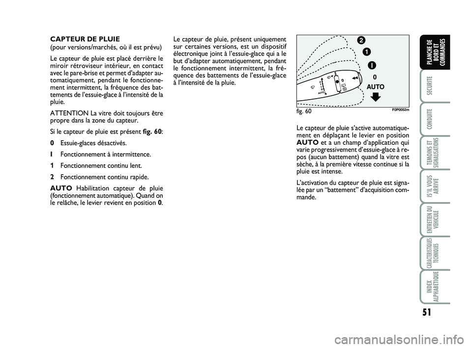 FIAT SCUDO 2013 Notice dentretien (in French) 51
SECURITE
CONDUITE
TEMOINS ETSIGNALISATIONS
IS’IL VOUS
ARRIVE
ENTRETIEN DU
VEHICULE
CARACTERISTIQUES
TECHNIQUES
INDEX
ALPHABETIQUE
PLANCHE DE
BORD ET
COMMANDES
Le capteur de pluie, présent unique FIAT SCUDO 2013 Notice dentretien (in French) 51
SECURITE
CONDUITE
TEMOINS ETSIGNALISATIONS
IS’IL VOUS
ARRIVE
ENTRETIEN DU
VEHICULE
CARACTERISTIQUES
TECHNIQUES
INDEX
ALPHABETIQUE
PLANCHE DE
BORD ET
COMMANDES
Le capteur de pluie, présent unique