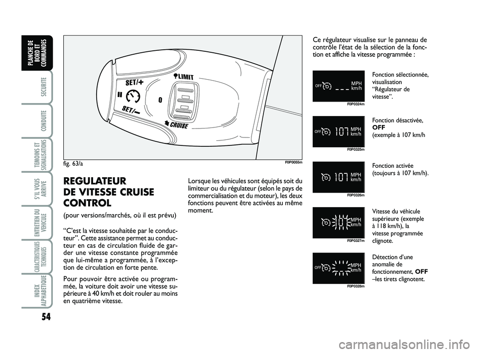 FIAT SCUDO 2013 Notice dentretien (in French) 54
SECURITE
CONDUITE
TEMOINS ETSIGNALISATIONS
S’IL VOUS
ARRIVE
ENTRETIEN DU
VEHICULE
CARACTERISTIQUES
TECHNIQUES
INDEX
ALPHABETIQUE
PLANCHE DE
BORD ET
COMMANDES
fig. 63/aF0P0055m
REGULATEUR
DE VITE FIAT SCUDO 2013 Notice dentretien (in French) 54
SECURITE
CONDUITE
TEMOINS ETSIGNALISATIONS
S’IL VOUS
ARRIVE
ENTRETIEN DU
VEHICULE
CARACTERISTIQUES
TECHNIQUES
INDEX
ALPHABETIQUE
PLANCHE DE
BORD ET
COMMANDES
fig. 63/aF0P0055m
REGULATEUR
DE VITE