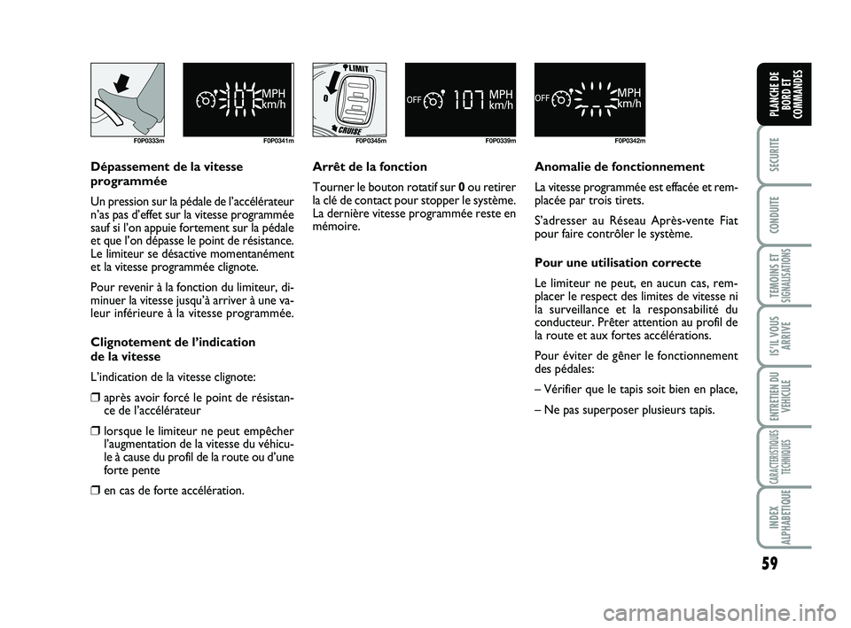FIAT SCUDO 2013 Notice dentretien (in French) 59
SECURITE
CONDUITE
TEMOINS ETSIGNALISATIONS
IS’IL VOUS
ARRIVE
ENTRETIEN DU
VEHICULE
CARACTERISTIQUES
TECHNIQUES
INDEX
ALPHABETIQUE
PLANCHE DE
BORD ET
COMMANDES
F0P0333m F0P0341m
Dépassement de la FIAT SCUDO 2013 Notice dentretien (in French) 59
SECURITE
CONDUITE
TEMOINS ETSIGNALISATIONS
IS’IL VOUS
ARRIVE
ENTRETIEN DU
VEHICULE
CARACTERISTIQUES
TECHNIQUES
INDEX
ALPHABETIQUE
PLANCHE DE
BORD ET
COMMANDES
F0P0333m F0P0341m
Dépassement de la