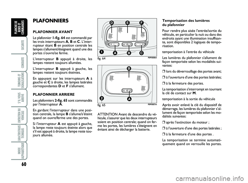 FIAT SCUDO 2013 Notice dentretien (in French) 60
SECURITE
CONDUITE
TEMOINS ETSIGNALISATIONS
S’IL VOUS
ARRIVE
ENTRETIEN DU
VEHICULE
CARACTERISTIQUES
TECHNIQUES
INDEX
ALPHABETIQUE
PLANCHE DE
BORD ET
COMMANDES
PLAFONNIERS
PLAFONNIER AVANT
Le plafo FIAT SCUDO 2013 Notice dentretien (in French) 60
SECURITE
CONDUITE
TEMOINS ETSIGNALISATIONS
S’IL VOUS
ARRIVE
ENTRETIEN DU
VEHICULE
CARACTERISTIQUES
TECHNIQUES
INDEX
ALPHABETIQUE
PLANCHE DE
BORD ET
COMMANDES
PLAFONNIERS
PLAFONNIER AVANT
Le plafo