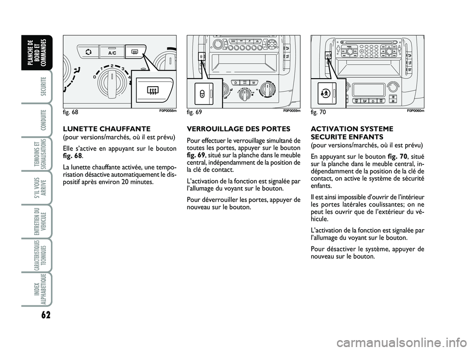 FIAT SCUDO 2013 Notice dentretien (in French) 62
SECURITE
CONDUITE
TEMOINS ETSIGNALISATIONS
S’IL VOUS
ARRIVE
ENTRETIEN DU
VEHICULE
CARACTERISTIQUES
TECHNIQUES
INDEX
ALPHABETIQUE
PLANCHE DE
BORD ET
COMMANDES
LUNETTE CHAUFFANTE
(pour versions/mar FIAT SCUDO 2013 Notice dentretien (in French) 62
SECURITE
CONDUITE
TEMOINS ETSIGNALISATIONS
S’IL VOUS
ARRIVE
ENTRETIEN DU
VEHICULE
CARACTERISTIQUES
TECHNIQUES
INDEX
ALPHABETIQUE
PLANCHE DE
BORD ET
COMMANDES
LUNETTE CHAUFFANTE
(pour versions/mar