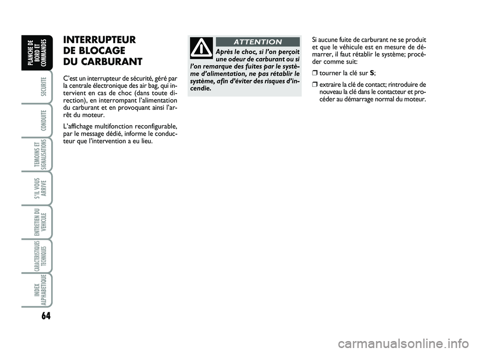 FIAT SCUDO 2013 Notice dentretien (in French) 64
SECURITE
CONDUITE
TEMOINS ETSIGNALISATIONS
S’IL VOUS
ARRIVE
ENTRETIEN DU
VEHICULE
CARACTERISTIQUES
TECHNIQUES
INDEX
ALPHABETIQUE
PLANCHE DE
BORD ET
COMMANDES
Si aucune fuite de carburant ne se pr FIAT SCUDO 2013 Notice dentretien (in French) 64
SECURITE
CONDUITE
TEMOINS ETSIGNALISATIONS
S’IL VOUS
ARRIVE
ENTRETIEN DU
VEHICULE
CARACTERISTIQUES
TECHNIQUES
INDEX
ALPHABETIQUE
PLANCHE DE
BORD ET
COMMANDES
Si aucune fuite de carburant ne se pr