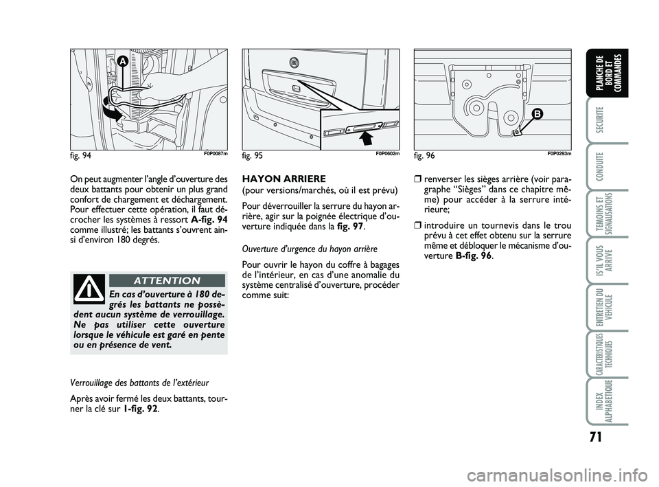 FIAT SCUDO 2013 Notice dentretien (in French) 71
SECURITE
CONDUITE
TEMOINS ETSIGNALISATIONS
IS’IL VOUS
ARRIVE
ENTRETIEN DU
VEHICULE
CARACTERISTIQUES
TECHNIQUES
INDEX
ALPHABETIQUE
PLANCHE DE
BORD ET
COMMANDES
On peut augmenter l’angle d’ouve FIAT SCUDO 2013 Notice dentretien (in French) 71
SECURITE
CONDUITE
TEMOINS ETSIGNALISATIONS
IS’IL VOUS
ARRIVE
ENTRETIEN DU
VEHICULE
CARACTERISTIQUES
TECHNIQUES
INDEX
ALPHABETIQUE
PLANCHE DE
BORD ET
COMMANDES
On peut augmenter l’angle d’ouve