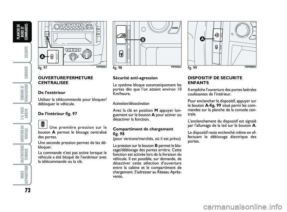 FIAT SCUDO 2013 Notice dentretien (in French) 72
SECURITE
CONDUITE
TEMOINS ETSIGNALISATIONS
S’IL VOUS
ARRIVE
ENTRETIEN DU
VEHICULE
CARACTERISTIQUES
TECHNIQUES
INDEX
ALPHABETIQUE
PLANCHE DE
BORD ET
COMMANDES
fig. 99F0P00906mfig. 97F0P0085mfig. 9 FIAT SCUDO 2013 Notice dentretien (in French) 72
SECURITE
CONDUITE
TEMOINS ETSIGNALISATIONS
S’IL VOUS
ARRIVE
ENTRETIEN DU
VEHICULE
CARACTERISTIQUES
TECHNIQUES
INDEX
ALPHABETIQUE
PLANCHE DE
BORD ET
COMMANDES
fig. 99F0P00906mfig. 97F0P0085mfig. 9