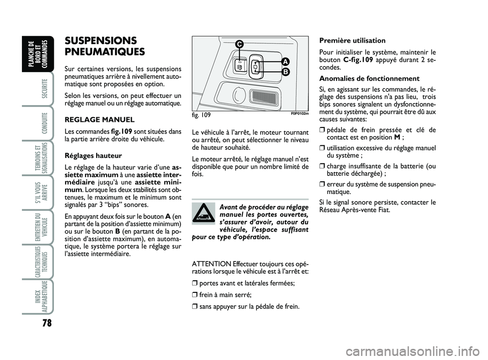 FIAT SCUDO 2013 Notice dentretien (in French) 78
SECURITE
CONDUITE
TEMOINS ETSIGNALISATIONS
S’IL VOUS
ARRIVE
ENTRETIEN DU
VEHICULE
CARACTERISTIQUES
TECHNIQUES
INDEX
ALPHABETIQUE
PLANCHE DE
BORD ET
COMMANDES
SUSPENSIONS
PNEUMATIQUES
Sur certaine FIAT SCUDO 2013 Notice dentretien (in French) 78
SECURITE
CONDUITE
TEMOINS ETSIGNALISATIONS
S’IL VOUS
ARRIVE
ENTRETIEN DU
VEHICULE
CARACTERISTIQUES
TECHNIQUES
INDEX
ALPHABETIQUE
PLANCHE DE
BORD ET
COMMANDES
SUSPENSIONS
PNEUMATIQUES
Sur certaine