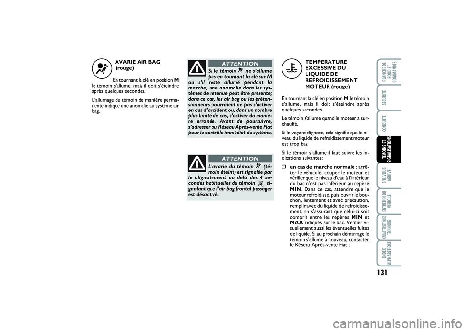 FIAT SCUDO 2014 Notice dentretien (in French) 131
S’IL VOUS
ARRIVEENTRETIEN DU
VEHICULECARACTERISTIQUES
TECHNIQUESINDEX
ALPHABETIQUEPLANCHE DE
BORD ET
COMMANDESSECURITECONDUITETEMOINS ET
SIGNALISATIONS
AVARIE AIR BAG
(rouge)
En tournant la cl FIAT SCUDO 2014 Notice dentretien (in French) 131
S’IL VOUS
ARRIVEENTRETIEN DU
VEHICULECARACTERISTIQUES
TECHNIQUESINDEX
ALPHABETIQUEPLANCHE DE
BORD ET
COMMANDESSECURITECONDUITETEMOINS ET
SIGNALISATIONS
AVARIE AIR BAG
(rouge)
En tournant la cl