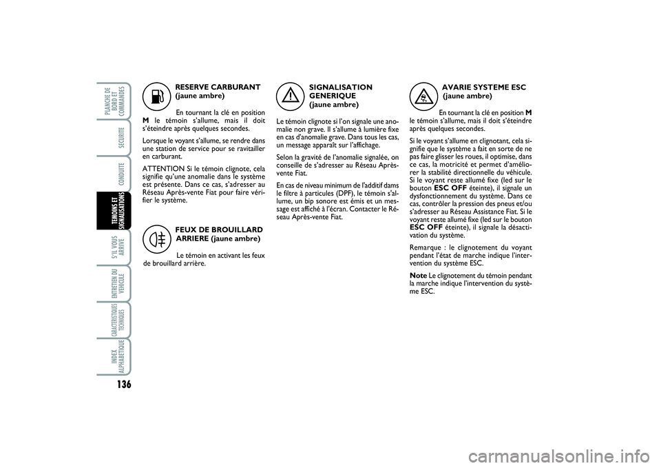 FIAT SCUDO 2014 Notice dentretien (in French) 136S’IL VOUS
ARRIVEENTRETIEN DU
VEHICULECARACTERISTIQUES
TECHNIQUESINDEX
ALPHABETIQUEPLANCHE DE
BORD ET
COMMANDES
SECURITECONDUITETEMOINS ET
SIGNALISATIONS
K
RESERVE CARBURANT
(jaune ambre)
En tourn FIAT SCUDO 2014 Notice dentretien (in French) 136S’IL VOUS
ARRIVEENTRETIEN DU
VEHICULECARACTERISTIQUES
TECHNIQUESINDEX
ALPHABETIQUEPLANCHE DE
BORD ET
COMMANDES
SECURITECONDUITETEMOINS ET
SIGNALISATIONS
K
RESERVE CARBURANT
(jaune ambre)
En tourn